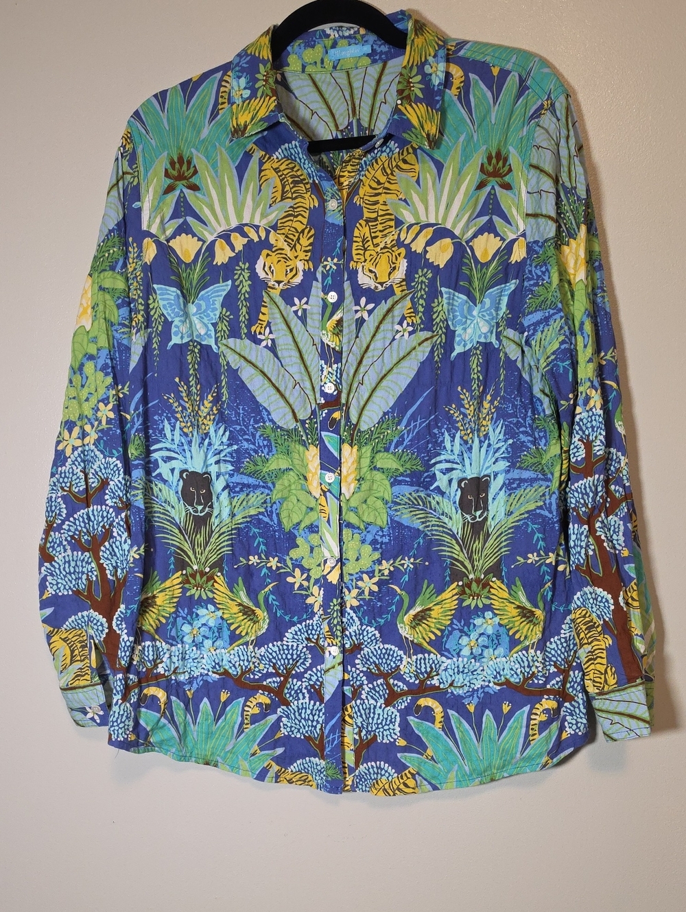 J McLaughlin Women's Blue Tropical Print Button-Up Shirt Tigers Cranes Panther